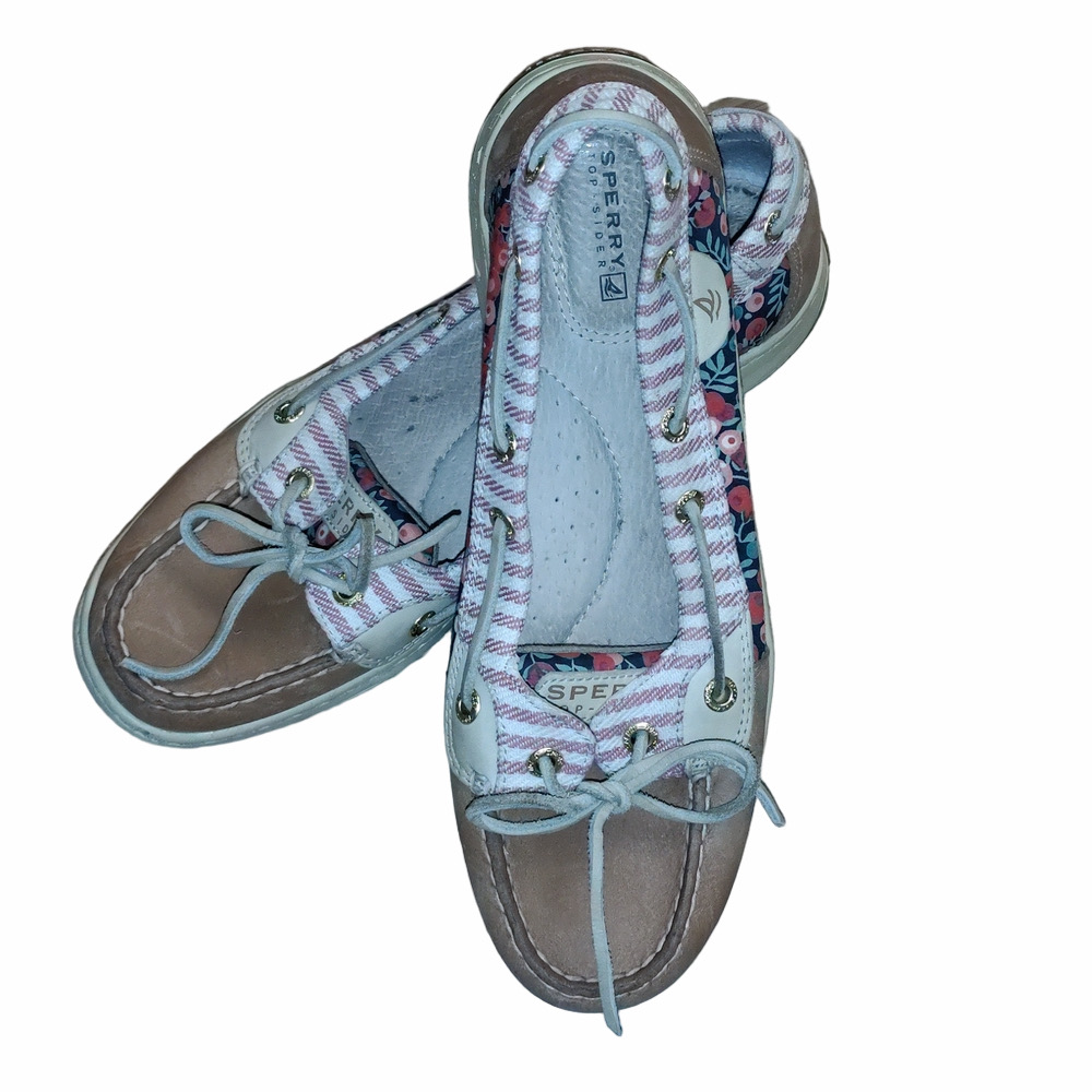 Sperry Angelfish 8.5M Tan Red Blue Liberty Floral Leather Boat Shoes Coastal